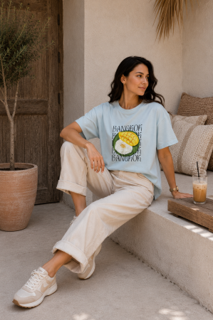 Imbracaminte dama - Haine cu suflet - Tricou dama albastru deschis cu imprimeu BANGKOK