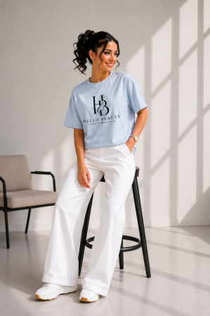 Imbracaminte dama - Haine cu suflet - Tricou dama albastru deschis cu imprimeu HELLO BEAUTY