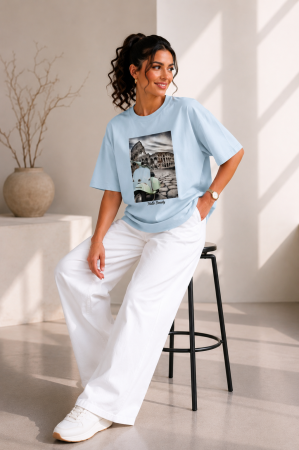 Imbracaminte dama - Haine cu suflet - Tricou dama albastru deschis cu imprimeu motocicleta albastra
