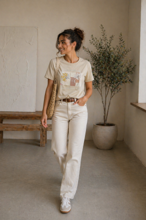 Imbracaminte dama - Haine cu suflet - Tricou dama bej cu imprimeu floral galben