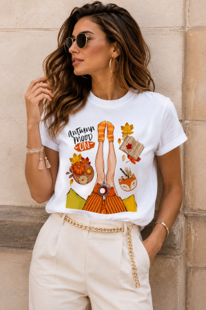 Noutati - Tricou dama casual alb - Autumn Mood ON - Bumbac Organic