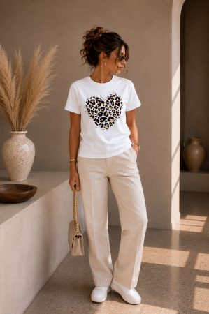 Imbracaminte dama - Haine cu suflet - Tricou dama casual alb - Leopard Heart - Bumbac Organic