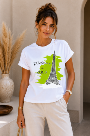 Noutati - Tricou dama casual alb - Welcome To Paris - Bumbac Organic