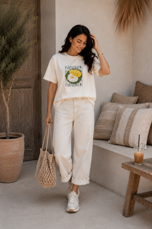 Colectia NOUA - Tricou dama crem cu imprimeu BANGKOK