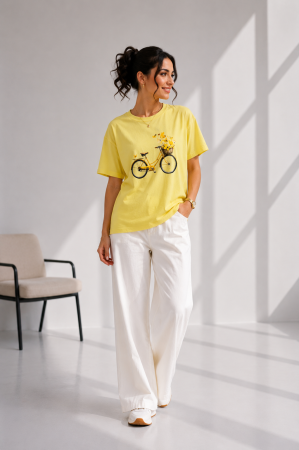 Imbracaminte dama - Haine cu suflet - Tricou dama galben cu imprimeu bicicleta galbena