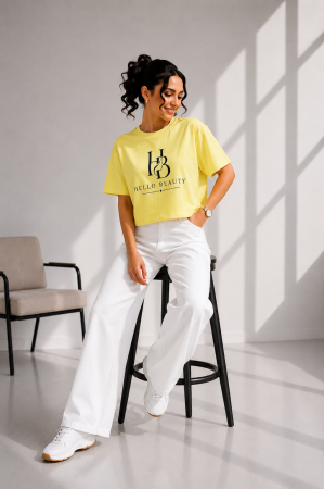 Imbracaminte dama - Haine cu suflet - Tricou dama galben cu imprimeu HELLO BEAUTY