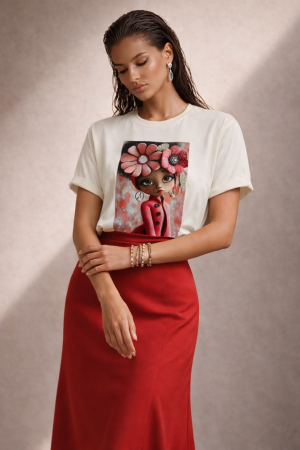 Tricouri si topuri - Tricou dama ivory din bumbac cu imprimeu fata cu cercei