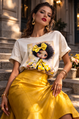 Colectia NOUA - Tricou dama ivory din bumbac cu imprimeu fetita cu rochita galbena