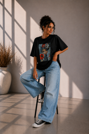 Tricouri la 1+1 =  - 50% - Tricou dama negru cu imprimeu fata intre maci