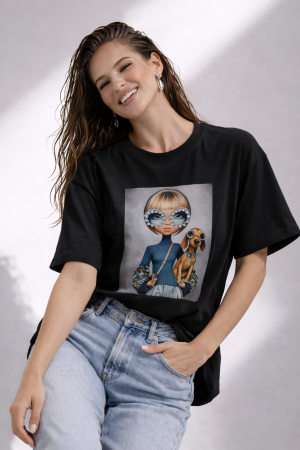 Imbracaminte dama - Haine cu suflet - Tricou dama negru cu imprimeu fata si catel cu ochelari