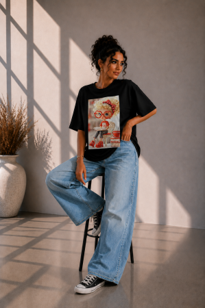 Tricouri la 1+1 =  - 50% - Tricou dama negru cu imprimeu fetita cu carte in mana
