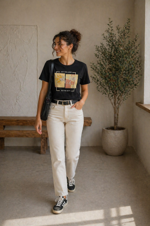 Tricouri si topuri - Tricou dama negru cu imprimeu floral galben