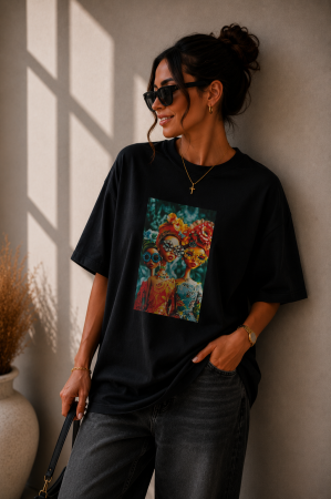 Colectia NOUA - Tricou dama negru din bumbac cu imprimeu 3 fete cu turban