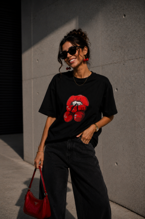 Colectia NOUA - Tricou dama negru din bumbac cu imprimeu artistic rosu