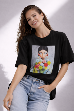 Colectia NOUA - Tricou dama negru din bumbac cu imprimeu fata cu buchet multicolor