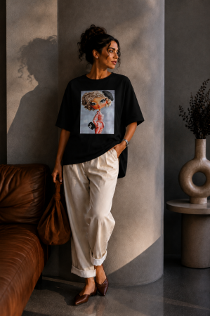 Noutati - Tricou dama negru din bumbac cu imprimeu fetita cu pietricele pe gene