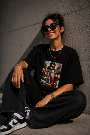 Colectia NOUA - Tricou dama negru din bumbac cu imprimeu fetita cu rochie cu tesaturi mixte