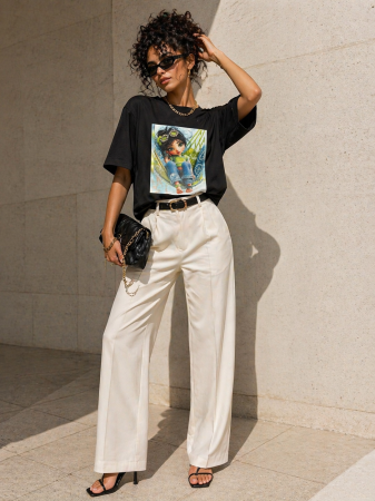 Tricouri si topuri - Tricou dama negru din bumbac cu imprimeu fetita in hamac