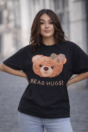 Tricouri si topuri - Tricou dama negru din bumbac cu ursulet cu fundita