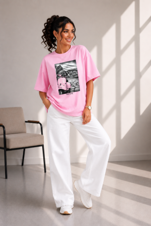 Imbracaminte dama - Haine cu suflet - Tricou dama roz cu imprimeu motocicleta roz