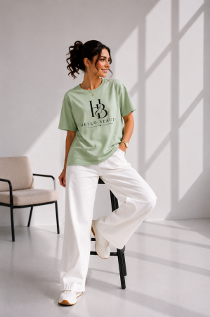 Imbracaminte dama - Haine cu suflet - Tricou dama verde deschis cu imprimeu HELLO BEAUTY