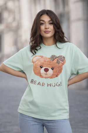 Tricouri si topuri - Tricou dama verde menta din bumbac cu ursulet cu fundita