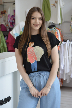 Tricouri si topuri - Tricou negru din bumbac cu imprimeu fetita cu evantai