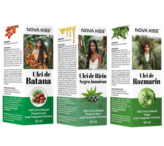 Set Uleiuri Batana, Rozmarin si Ricin NOVA KISS   ,100% Naturale, Premium, pentru Cresterea Parului si Ingrijirea Scalpului, 3 x 60 ml