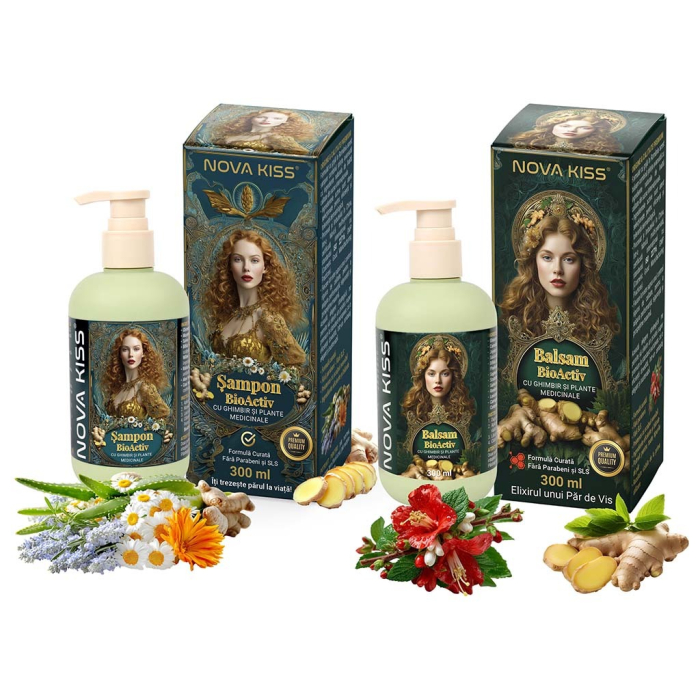 Set Ingrijire Premium pentru Par Deteriorat cu Ghimbir, Sampon si Balsam NOVA KISS®, 2 x 300 ml-big