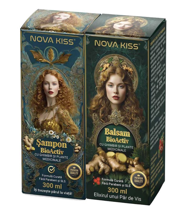 Set Ingrijire Premium pentru Par Deteriorat cu Ghimbir, Sampon si Balsam NOVA KISS®, 2 x 300 ml-big