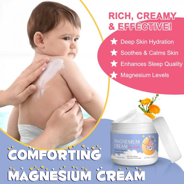 Crema cu Magneziu pentru Copii cu Unt de Shea, Aloe Vera si Galbenele, Calm, Relaxare si Somn Linistit, NOVA KISS®, 150 g-big