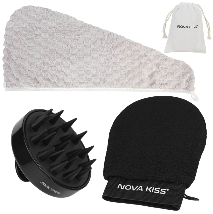 Set SPA cu Perie Masaj Scalp, Prosop Turban, Manusa Exfolianta si Saculet din Bumbac Organic, NOVA KISS®-big
