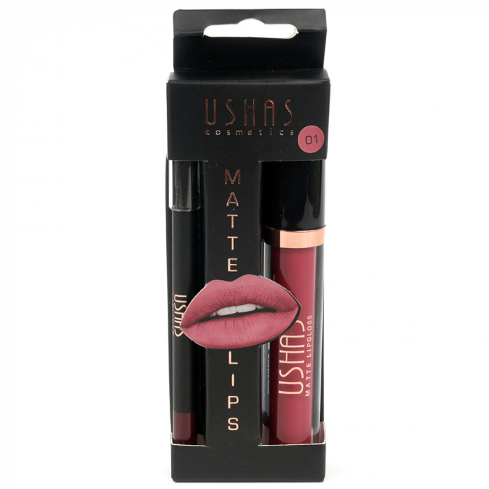 Set buze cu Ruj Lichid Mat si Creion de buze, USHAS Matte Lips, 01 Amore