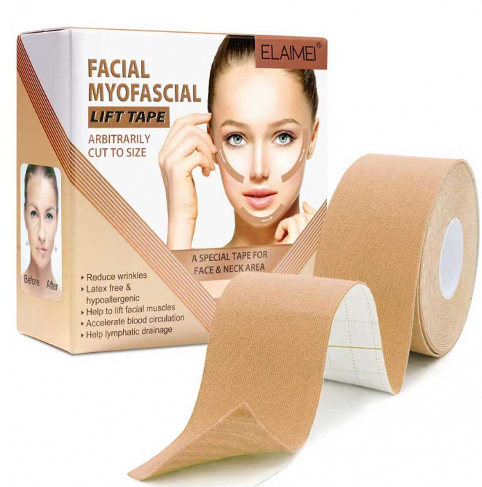 Banda kinesiologica faciala premium, 100% Bumbac, Efect de Lifting, Anti-rid, Elaimei, 2.5 cm x 5 m