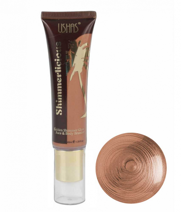 Bronzer Iluminator pentru fata si corp cu particule aurii Ushas Shimmerlicious, Golden Shimmer Glow, 04, 40 ml