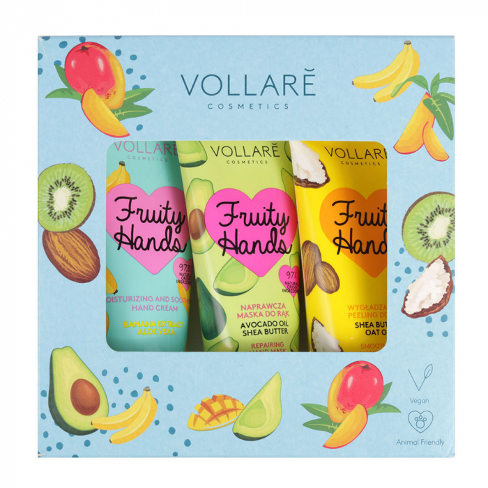 Set VOLLARE Fruity Hands cu 3 Produse: Crema, Masca si Scrub de maini, 97% Ingrediente Naturale 3 x 50 ml-big