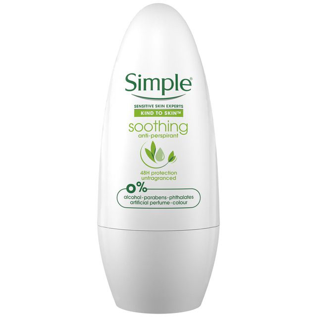 Deodorant antiperspirant roll-on Simple Soothing pentru pielea sensibila, 0% Alcool, Fara Parfum, Protectie 48H, 50 ml