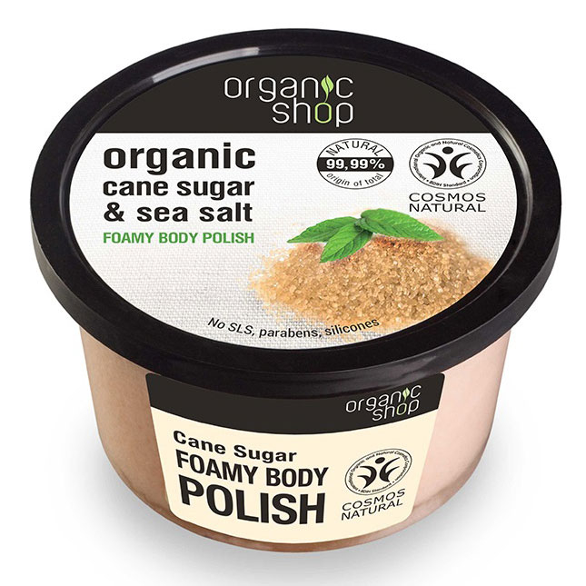 Exfoliant pentru corp din trestie de zahar si sare marina, organic shop foamy body polish, ingrediente 99.99% naturale, 250 ml