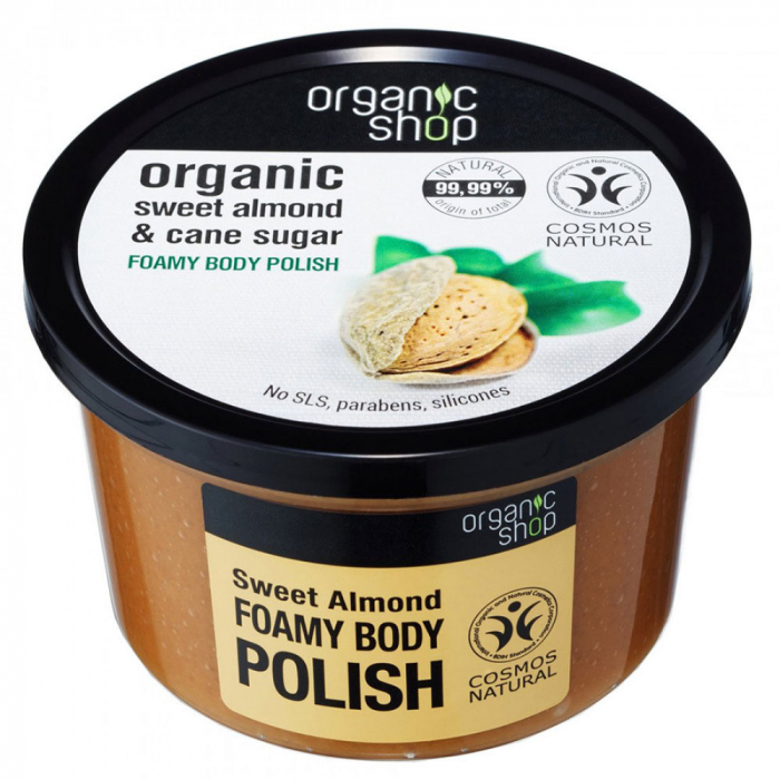 Exfoliant pentru corp din Migdale Dulci si Trestie de Zahar, Organic Shop Foamy Body Polish, Ingrediente 99.99% Naturale, 250 ml