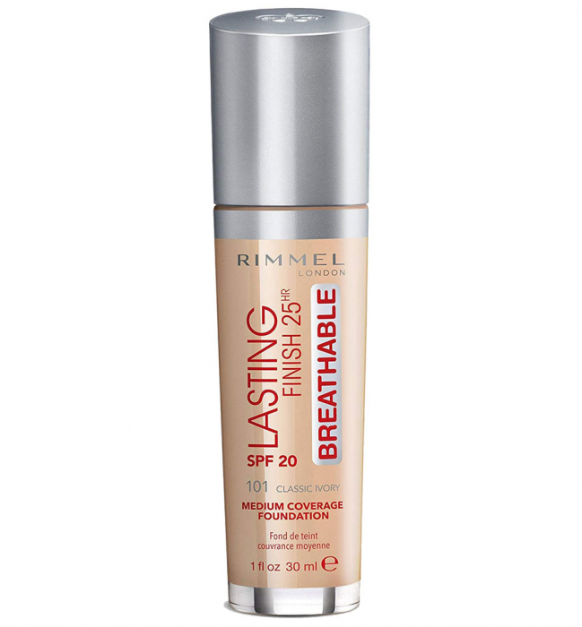 Fond de Ten Rimmel London Lasting Finish 25Hr Breathable, SPF20, 101 Classic Ivory, 30 ml