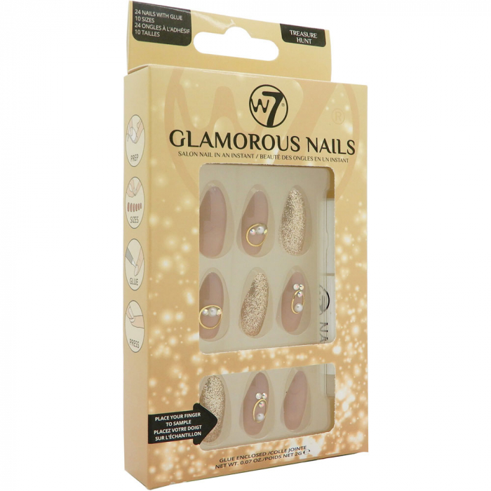 Kit 24 Unghii False W7 Glamorous Nails, Treasure Hunt, cu adeziv inclus si pila de unghii-big