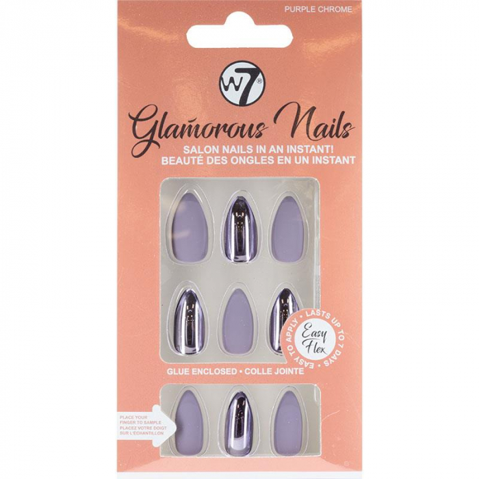 Kit 24 Unghii False W7 Glamorous Nails, Purple Chrome, cu adeziv inclus si pila de unghii-big