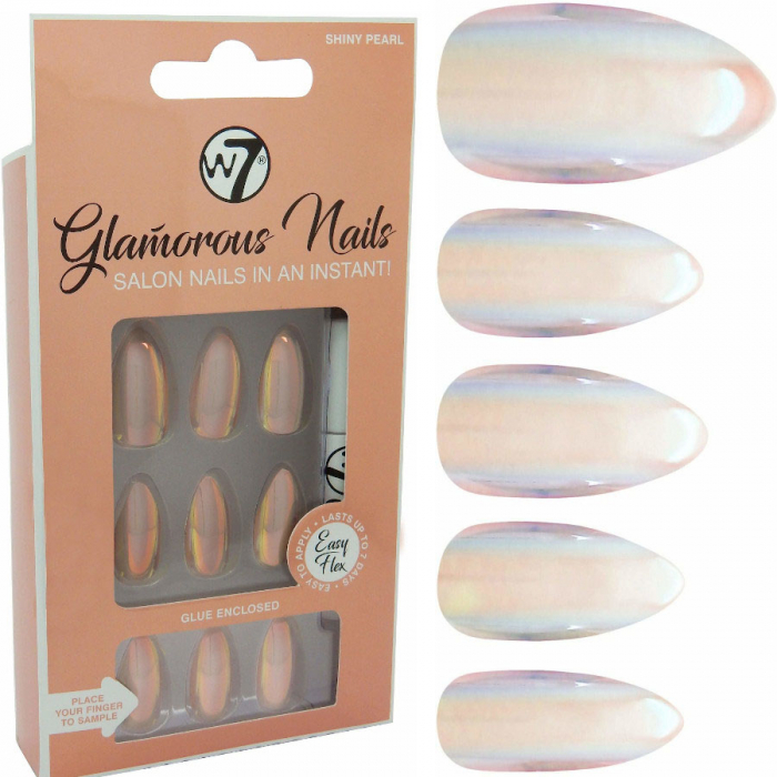 Kit 24 Unghii False W7 Glamorous Nails, Shiny Pearl, cu adeziv inclus si pila de unghii-big
