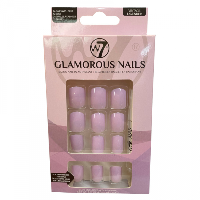 Kit 24 Unghii False W7 Glamorous Nails, Vintage Lavender, cu adeziv inclus si pila de unghii