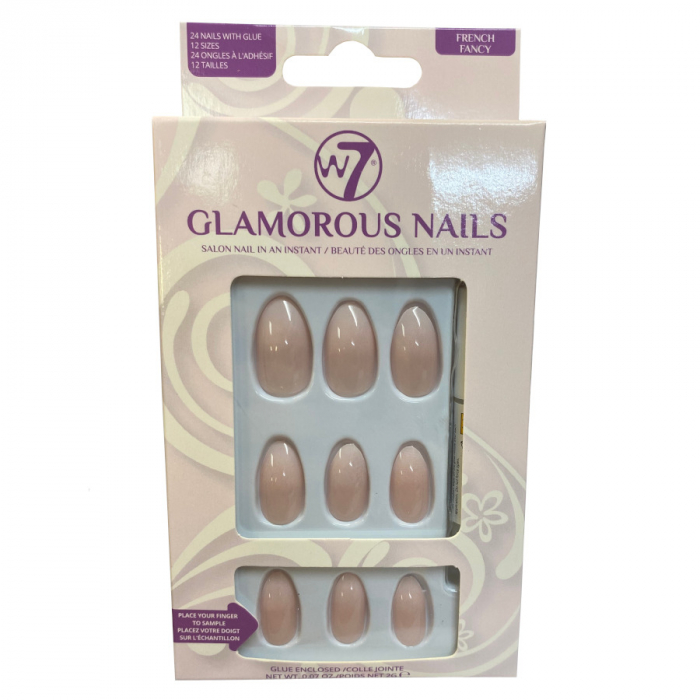 Kit 24 unghii false w7 glamorous nails, french fancy, cu adeziv inclus si pila de unghii
