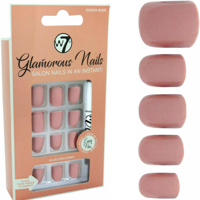 Kit 24 unghii false w7 glamorous nails, cocoa nude, cu adeziv inclus si pila de unghii