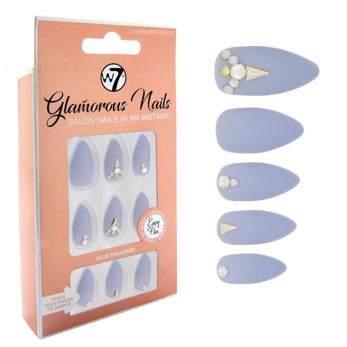 Kit 24 Unghii False W7 Glamorous Nails, Lavender Fields, cu adeziv inclus si pila de unghii-big