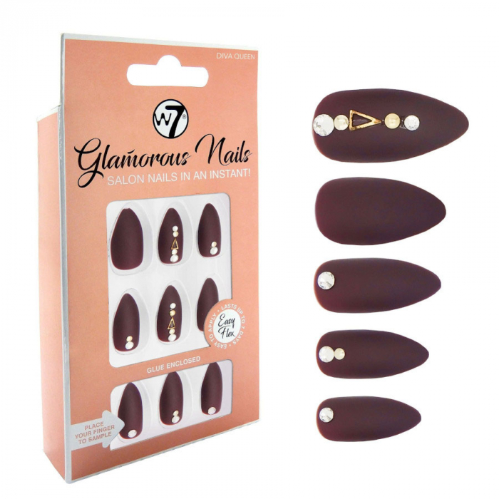 Kit 24 Unghii False W7 Glamorous Nails, Diva Queen, Cu Adeziv Inclus Si Pila De Unghii