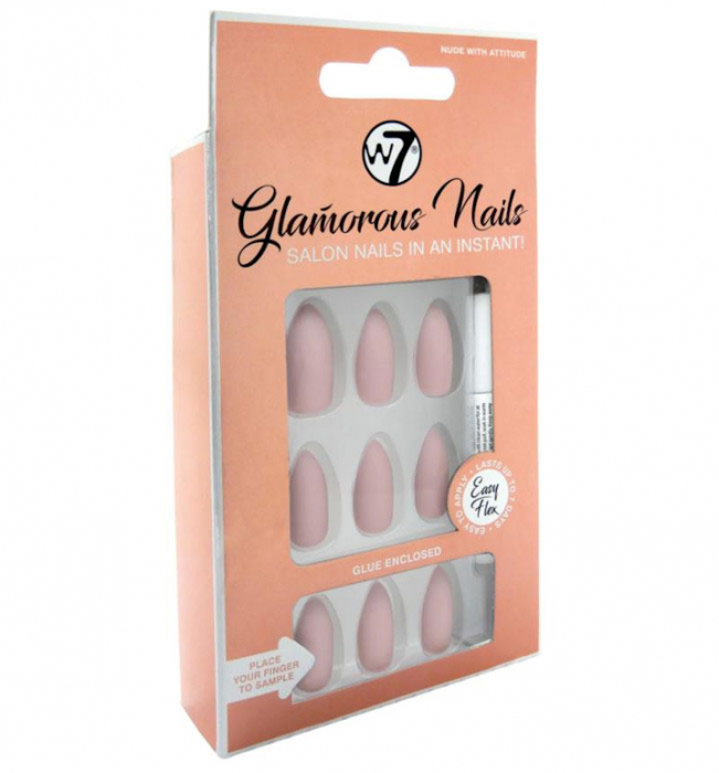 Kit 24 Unghii False W7 Glamorous Nails, Nude With Attitude, cu adeziv inclus si pila de unghii-big
