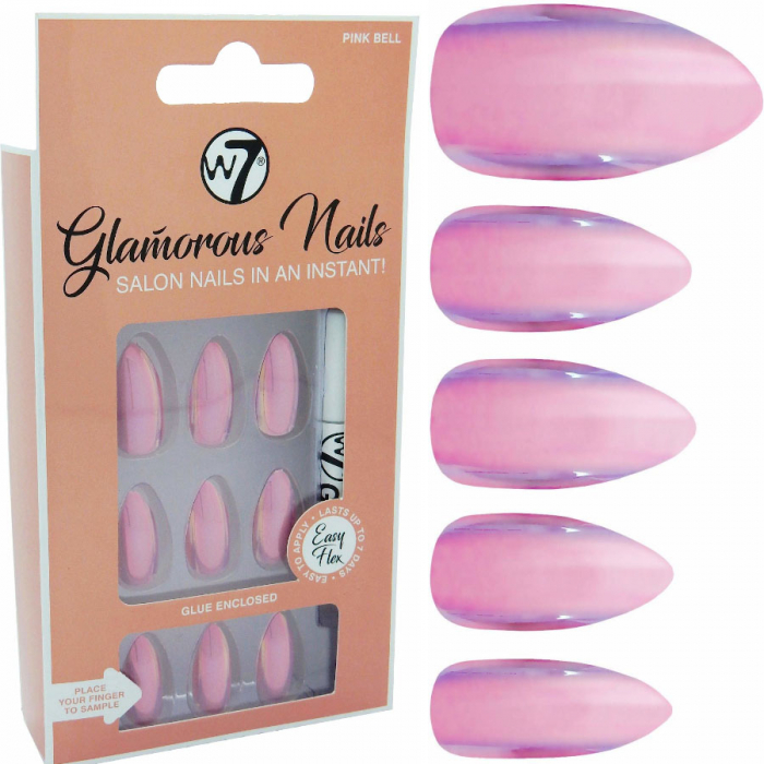Kit 24 Unghii False W7 Glamorous Nails, Pink Bell, cu adeziv inclus si pila de unghii-big